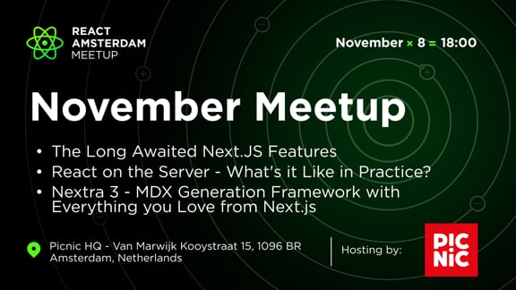 Event Cover Photo for React Amsterdam November: The Long Awaited Next.JS Features & more