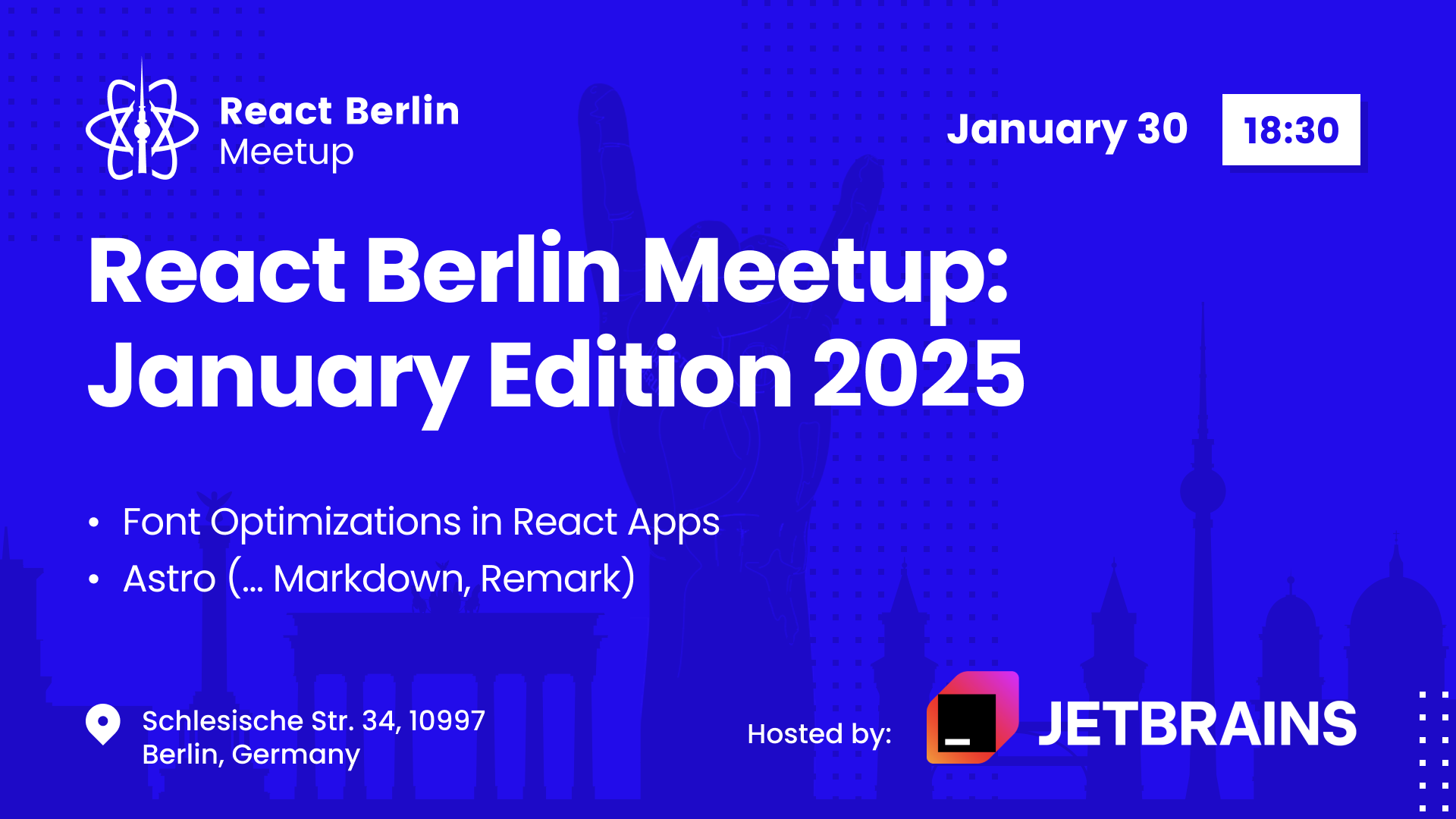 Event Cover Photo for React Berlin January Meetup: Font Optimizations in React Apps & more