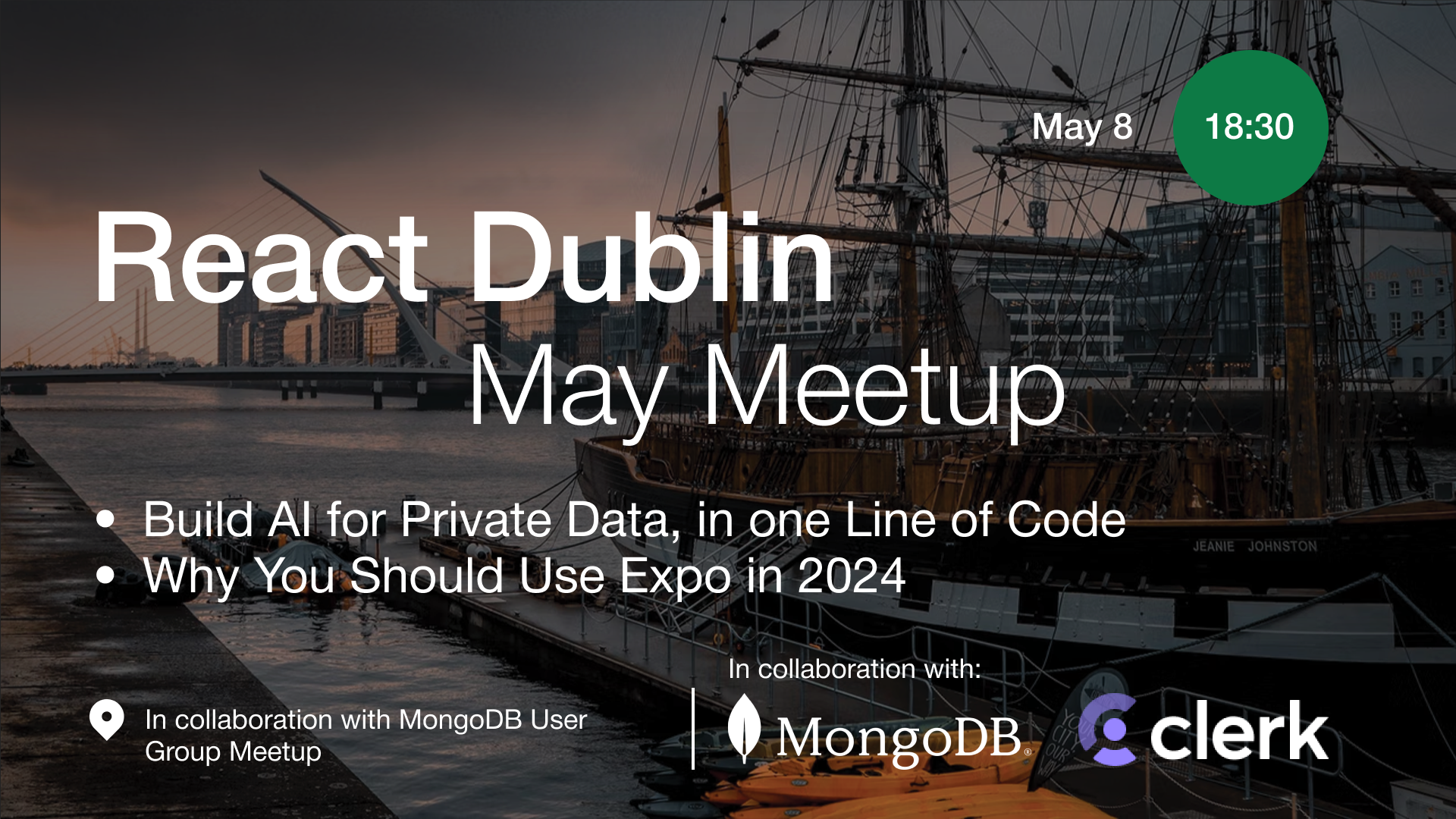 Event Cover Photo for React & MongoDB Dublin Meetup: Build AI for Private Data & more