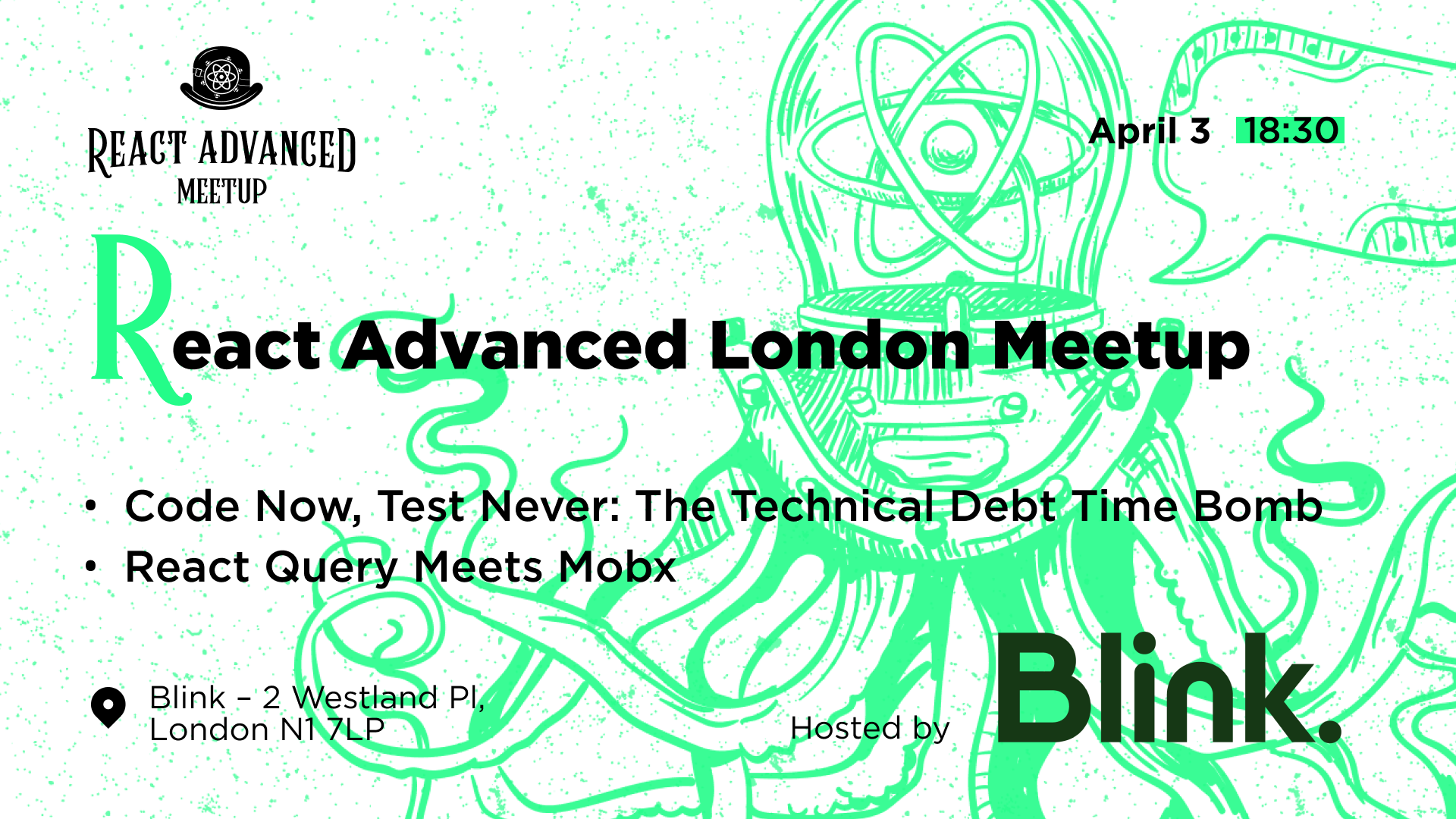 Event Cover Photo for React Advanced London Meetup: The Technical Debt Time Bomb & more!