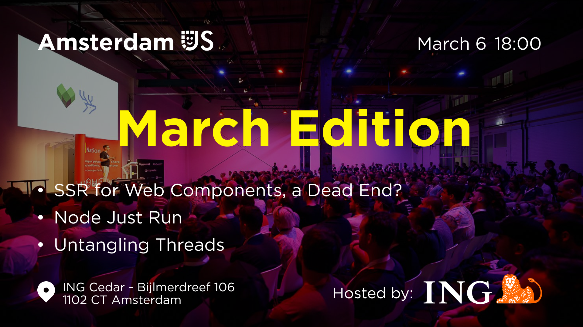 Event Cover Photo for AmsterdamJS Meetup: Untangling Threads & more