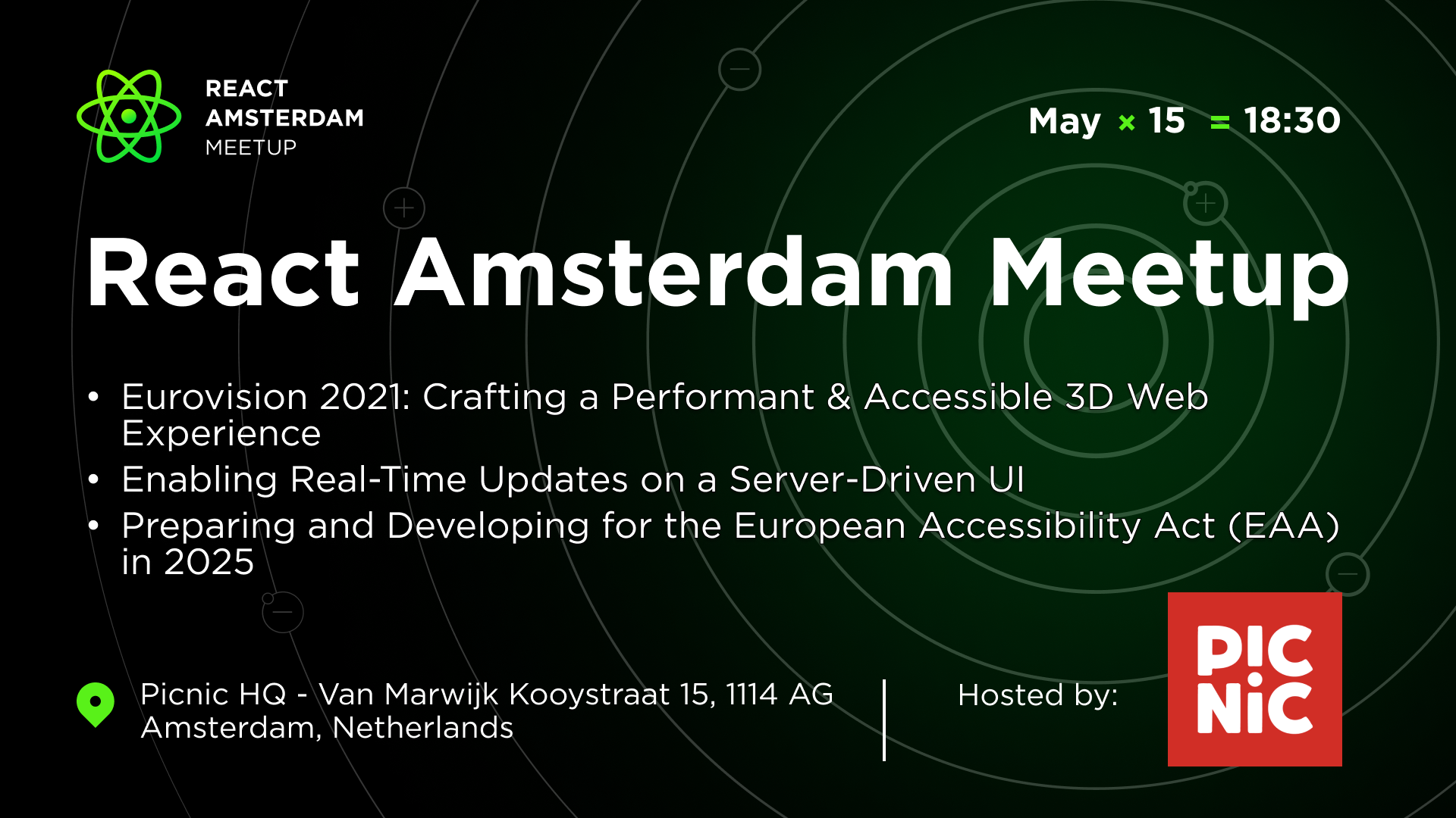 Cover Photo for React Amsterdam Meetup: Crafting a Performant & Accessible 3D Web Experience and more!