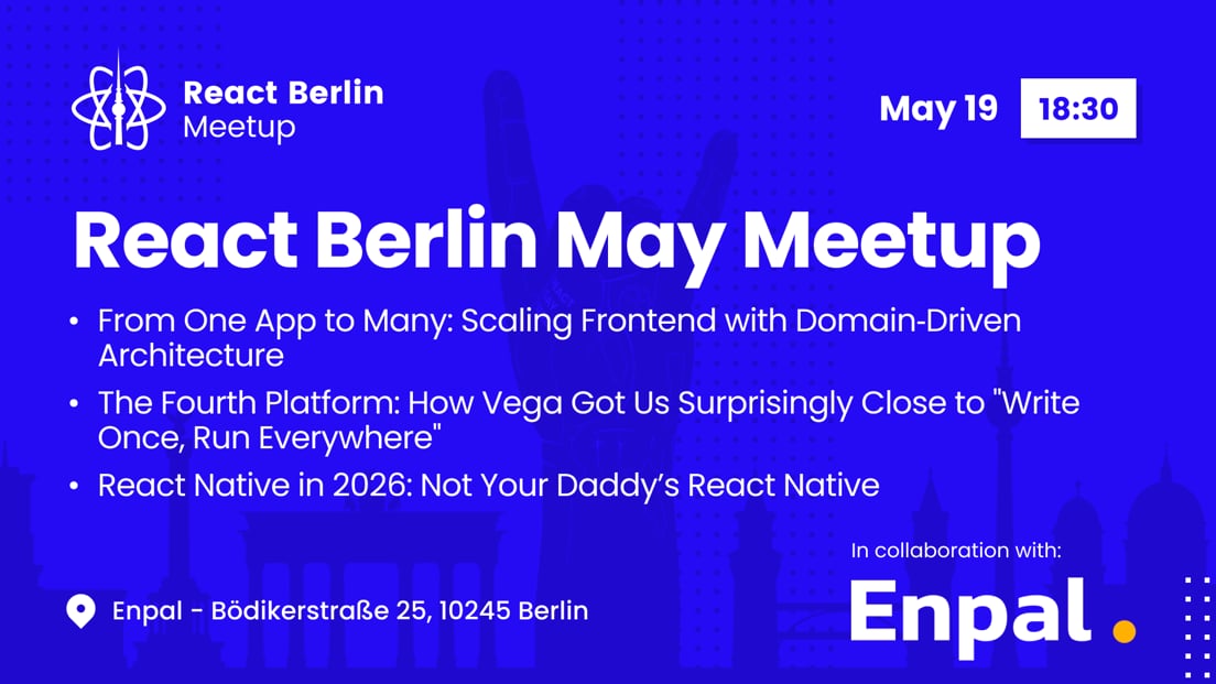 Cover Photo for React Berlin Meetup:  Building Cross-Platform Applications in Production and more!
