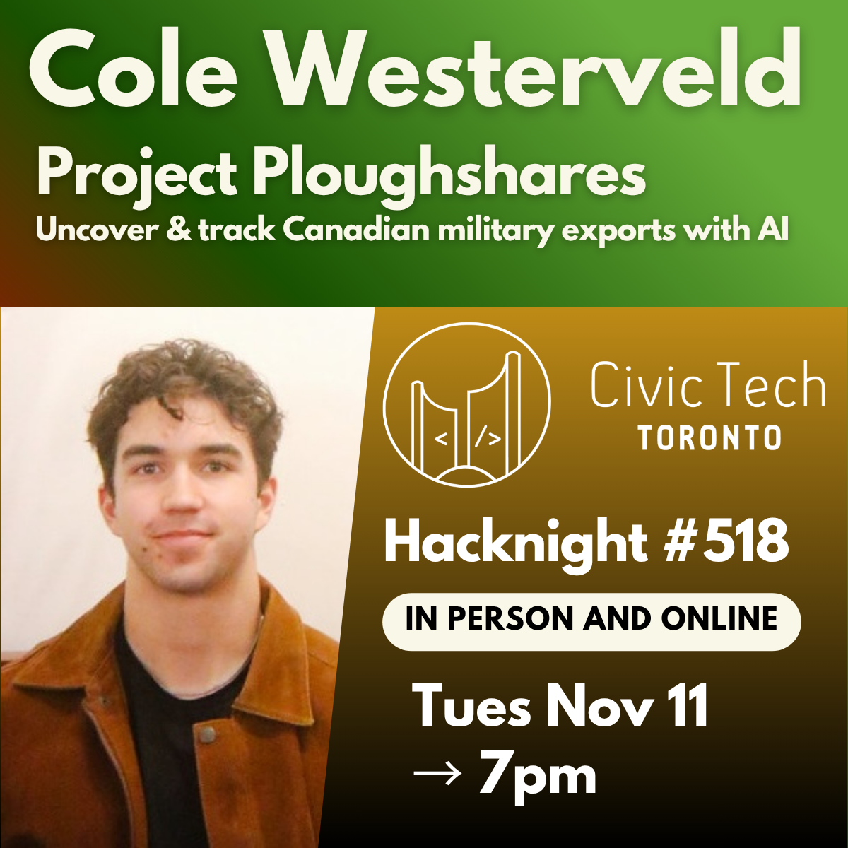 Cover Photo for Civic Hacknight #518: Project Ploughshares: Uncover & track Canadian military exports with AI