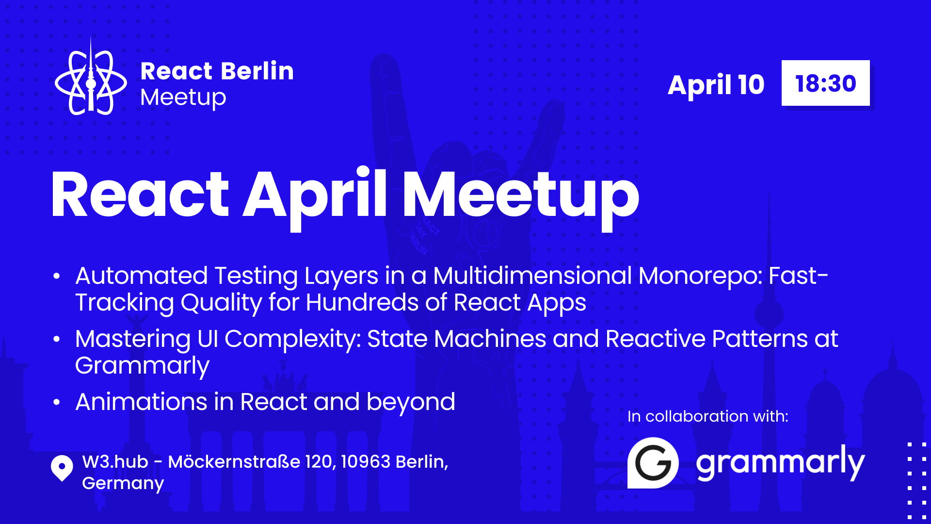 Cover Photo for React Berlin April Meetup: Automated Testing Layers & more
