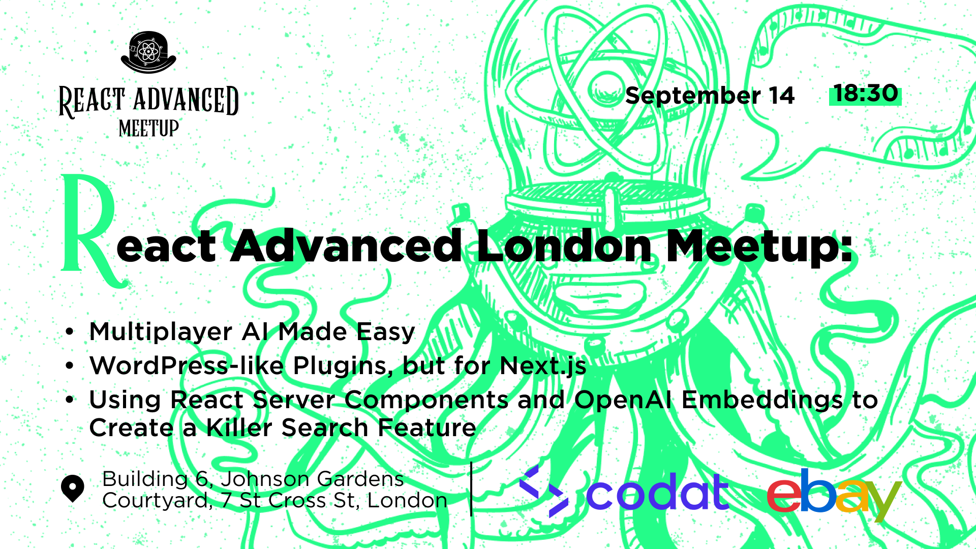 Cover Photo for React Advanced London September Meetup: Multiplayer AI Made Easy & more