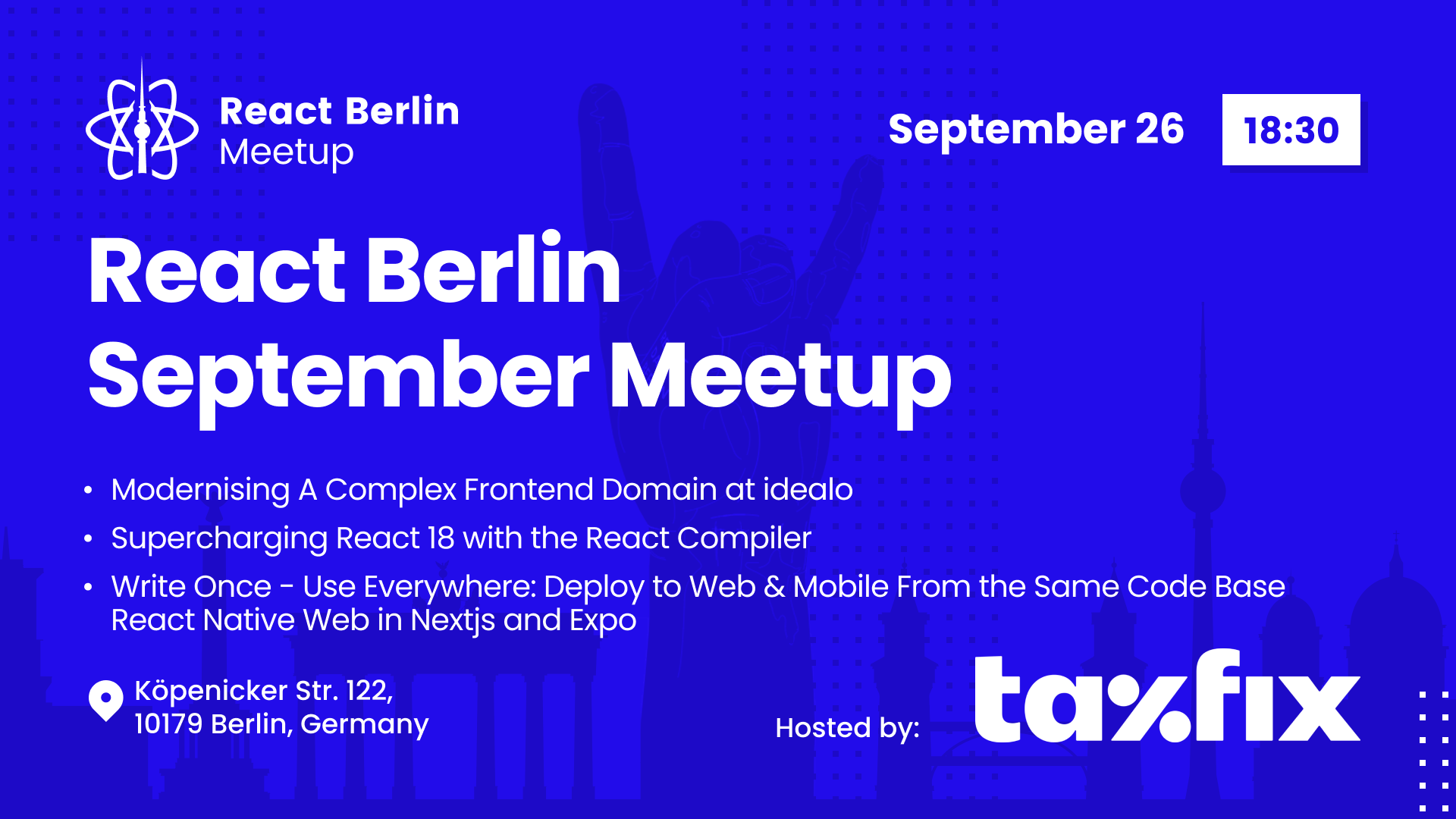 Event Cover Photo for React Berlin September Meetup: Modernising a Complex Frontend Domain & more