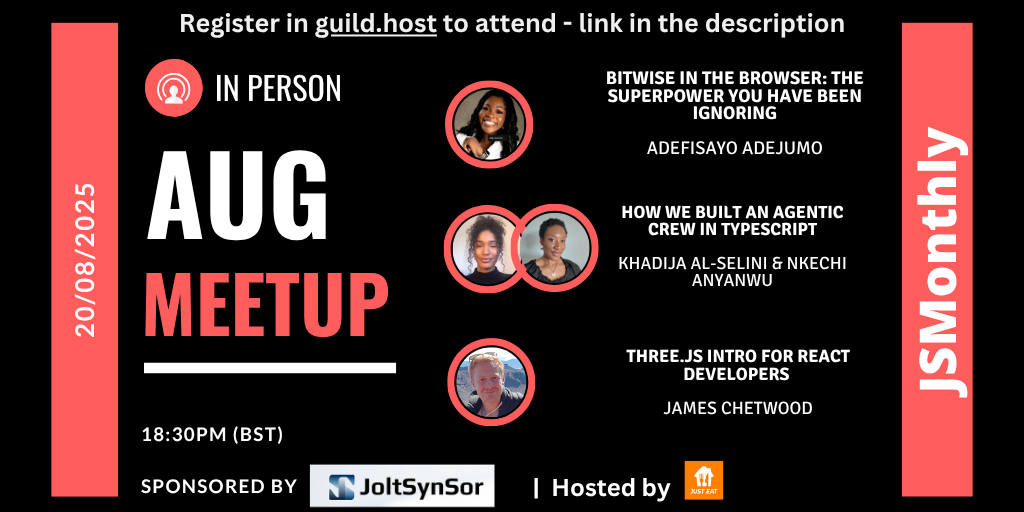 Event Cover Photo for JSMonthly August Meetup