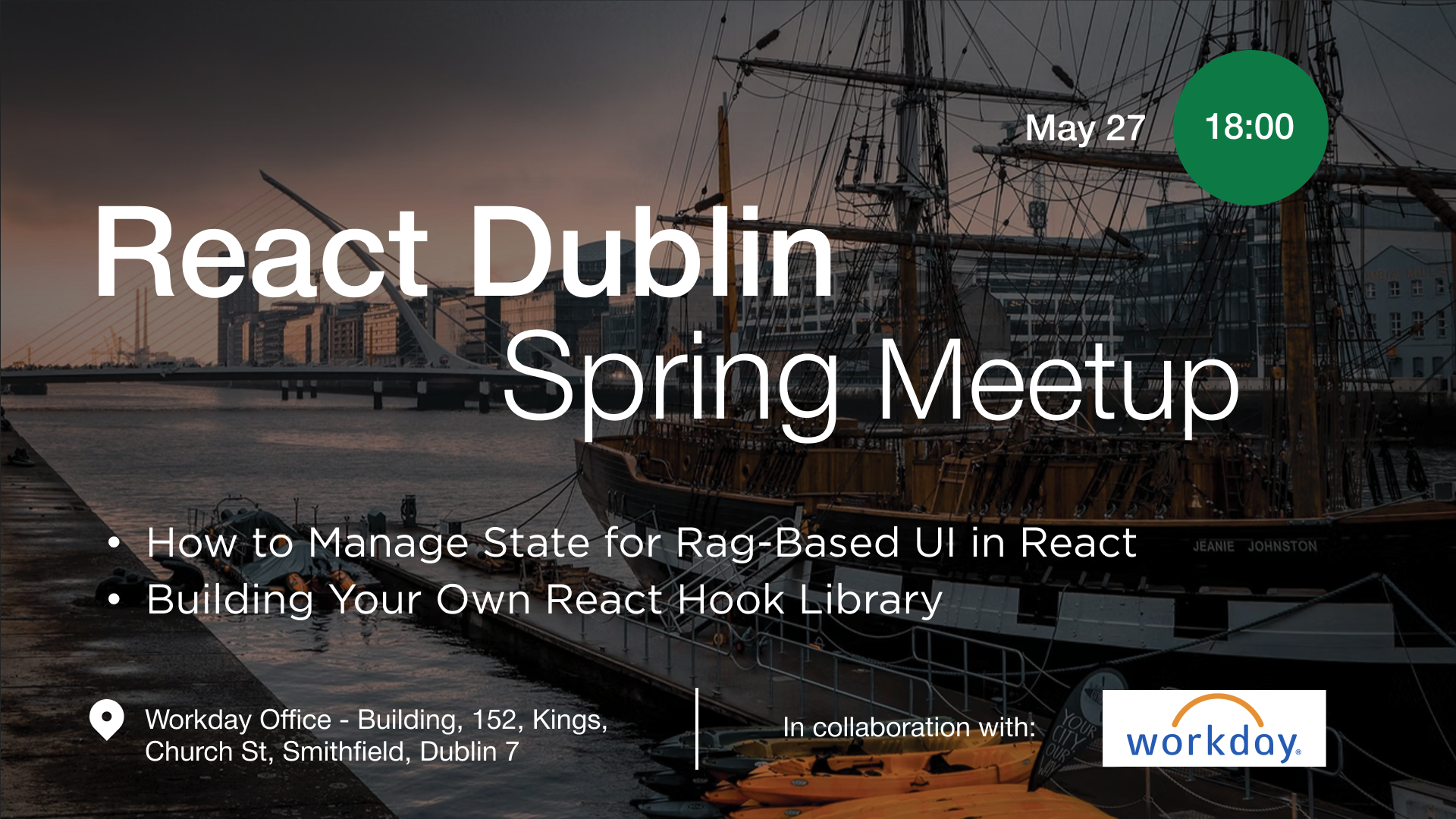 Event Cover Photo for React Dublin Spring Meetup: Managing State for Rag-Based UI & more